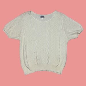 Shaker Sport Cream White Pointelle Chevron Knit Short Sleeve Sweater Top